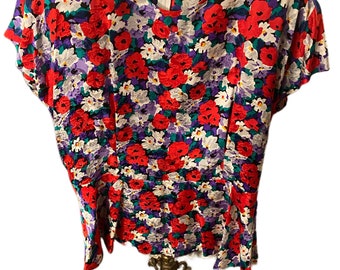 1990’s Vintage Silk Floral Print Peplum Waist Short Sleeve Top By Silk Studio 38 inch waist