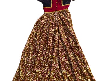 1970s Handmade Velvet & Floral Print Boho Luxe Style Maxi Dress 34 bust Size Small