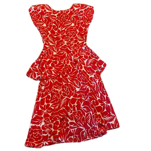 1980’s Does 1940’s Vintage Red & White Floral Print Peplum Waist Dress Made In California All That Jazz Size Small