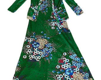 Vintage bijpassende jurk en jasje uit de jaren 70 met bloemenprint, maat klein tot medium