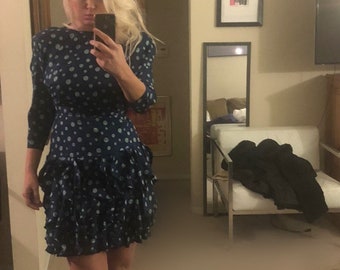 Vintage Silk Blue 1980s Polka Dot Dress With Ruffles By St. Gilian Size Petite 6