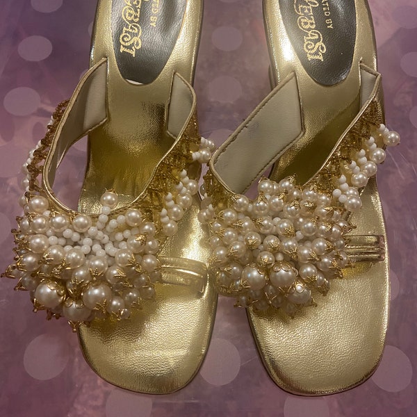60s Vintage Gold Beaded Heels Created By Lebasi Never Worn Size 2.5