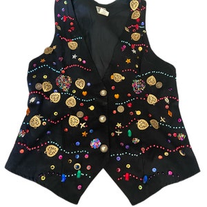 1980s/1990s Vintage Embellished Sequin, Beaded, Coins, Hearts, Buttons, Birds, Gems Vest By Original CineMode Jou Jou size medium