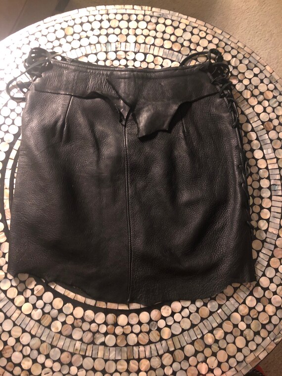 Handmade High Waisted Black Leather Skirt with Le… - image 5