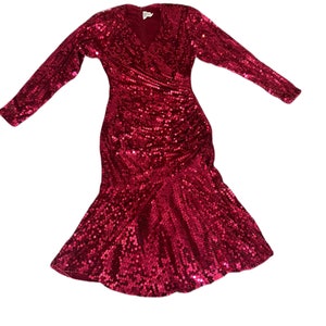 1980s to 1990s Vintage Red Sequin I. Magnin Bullocks Wilshire Red Sequin Long Sleeve Dress Never Worn With Original Tags