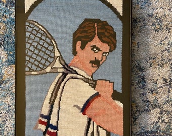 80s Vintage Needlepoint Tennis Player