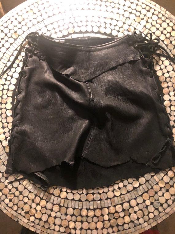 Handmade High Waisted Black Leather Skirt with Le… - image 9