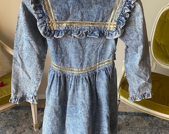 1980s Vintage Denim Acid Wash Sailor Girl Dress By Hi-Girls Inc See Measurements Will Most Likely Fit Girls Size 10 to 12.