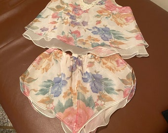 80’s Vintage Sheer Floral Print Trapeze Cami & Short by Alexandra Nicole size medium