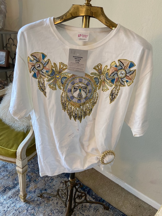 90s Vintage Southwest Design Gold Glitter Puffy Paint Tshirt With