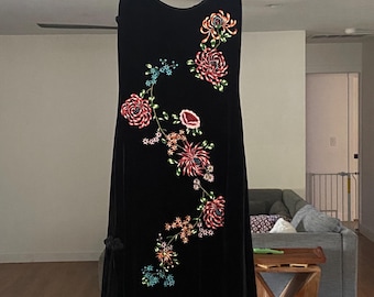 90s Vintage Betsey Johnson Black Velvet Embroidered Dress size small