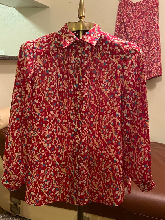70s Vintage Floral Print Matching Blouse & Skirt