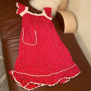 70s Vintage Prairie Cottagecore Boho Red Floral Print Dress Size Small to Medium