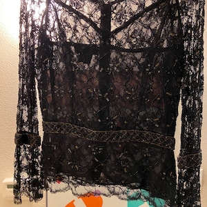 Vintage Black Lace Blouse With Intricate Beading And Sequins Size Small