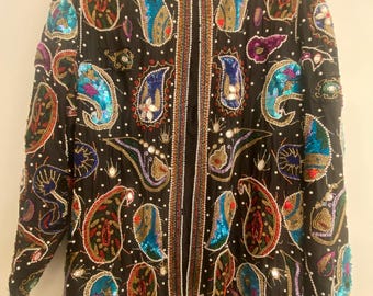 1980s Vintage Handmade Silk Sequins & Beaded Heavily Embellished Colorful Paisley Jacket by S and N Fashions Size Large