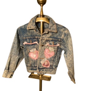 1980s Vintage Girls Acid Washed Denim  Jean Jacket With Original Embellishments Vintage Size 10