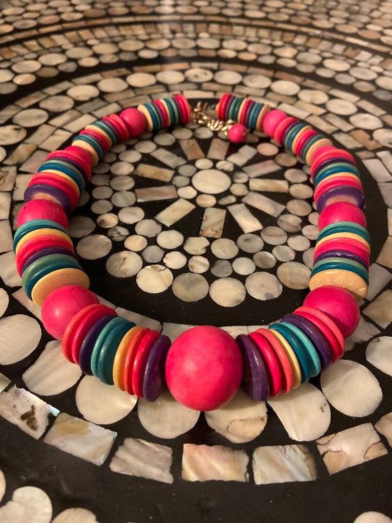 1980s Rainbow Wooden Beaded Necklace