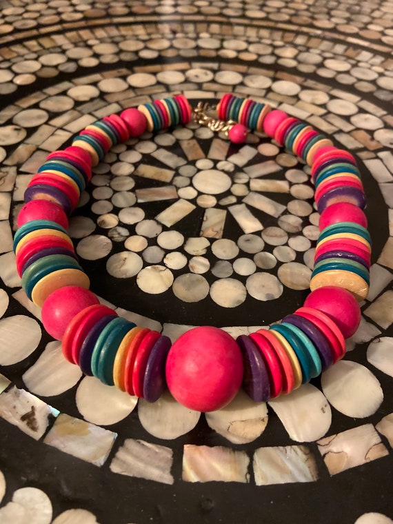 1980s Rainbow Wooden  Beaded Necklace