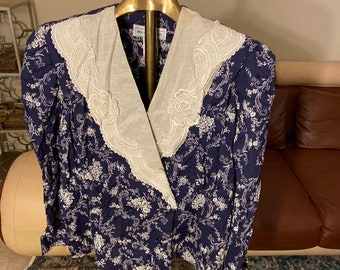 1980s Vintage Navy Blue And White Victorian Prairie Style Top Or Blazer By Scott McClintock size large vintage size 16