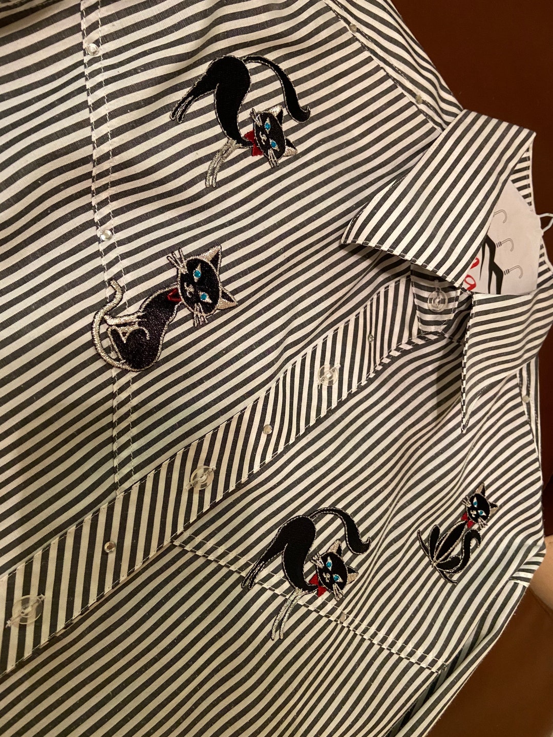 80s Vintage Striped Button up With Vintage Cat Patches - Etsy