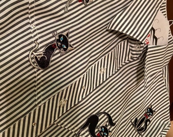 80er Jahre Vintage Ringel Button Up mit Katzen Aufnähern