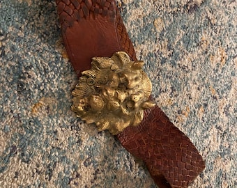 Vintage Y2K Tooled Leather Belt With Turquoise Flower Design  display picture 3
