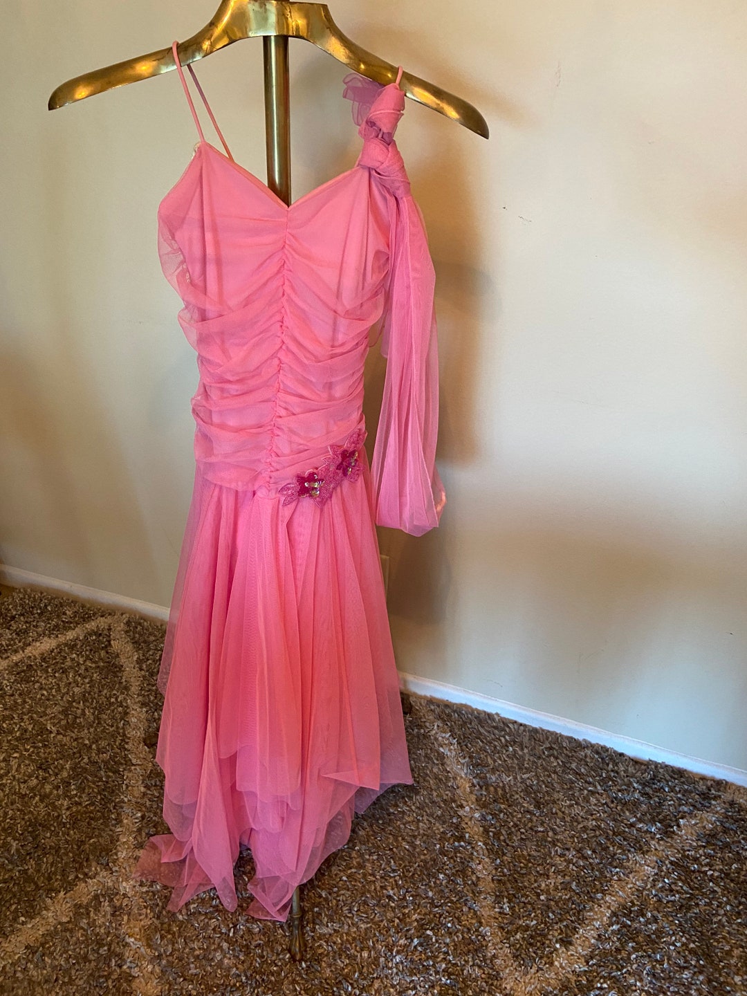 2000s Vintage Pink Mesh Dress With Sequined Beaded Appliqué