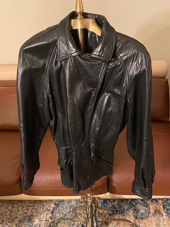 80s Vintage Black Leather Jacket By Ann Taylor Si… - image 8