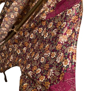 80s Vintage Floral Print Boho Robe With Burgundy Lace Inserts & Matching Belt By Fantasies Morgan Taylor