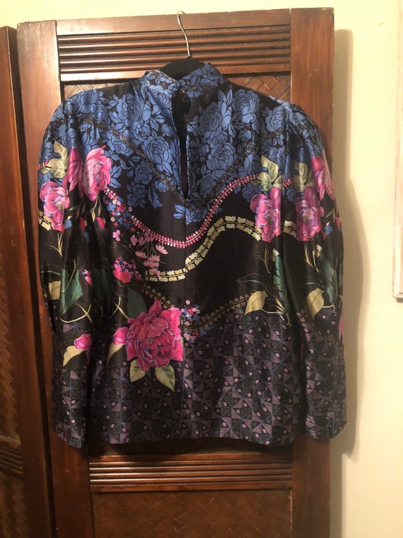 Vintage 80s silk Victorian floral blouse - image 3