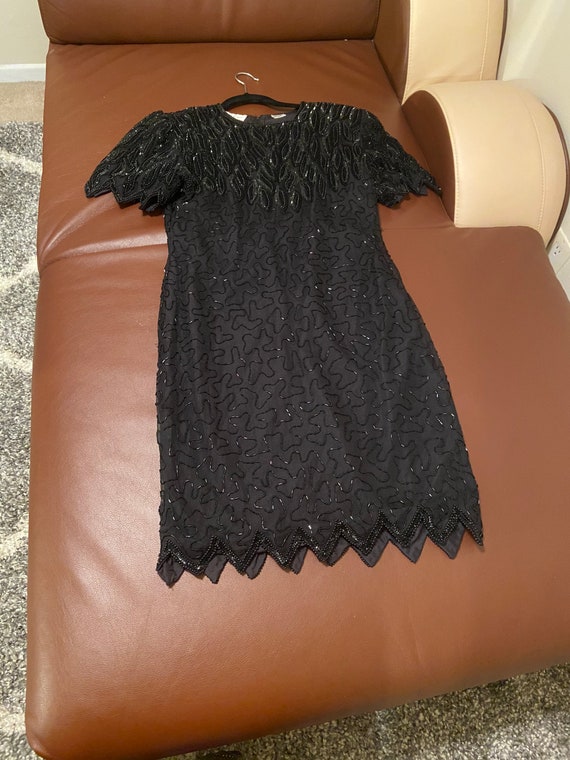 80’s Vintage Silk Sequins Beaded Black Silk Dress 