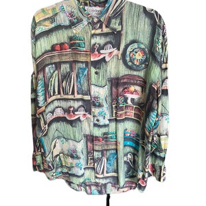 90s Vintage Silk Oversized Novelty Print Blouse One Size