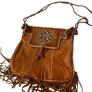 Vintage Handmade Distressed Bohemian Brown Leather Shoulder Bag With Fringe