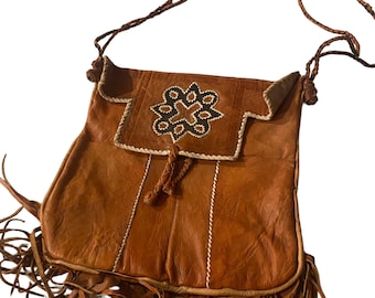 Vintage Handmade Distressed Bohemian Brown Leather Shoulder Bag With Fringe