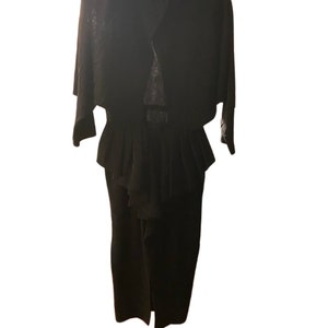 1980s Does 1940s Black Vintage Open Back Ruffled Dress With A Dolman Sleeve Size Small