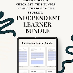 May include: A digital tablet displaying the Independent Learner Bundle, a set of five fillable and printable planners for homeschoolers. The screen shows various templates including a weekly planner, curiosity journal, and project tracker.