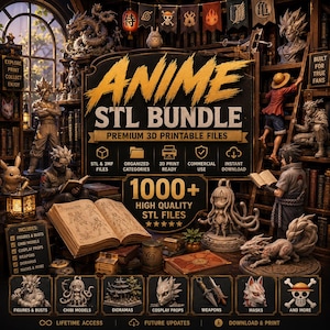 Op de afbeelding: Een digitale promotieafbeelding voor een Anime STL-bundel met meer dan 1000 3D-printbare bestanden. De afbeelding toont diverse anime-stijl figuren, bustes en rekwisieten op planken, met tekstoverlays over bestandstypen, commercieel gebruik en directe downloadopties.