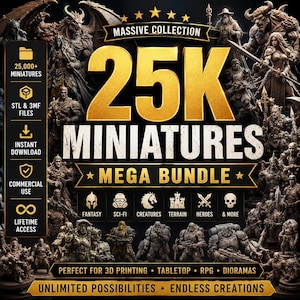 Può includere: Una grafica digitale con il testo 25K MINIATURES MEGA BUNDLE, circondata da varie figure di personaggi fantasy e sci-fi. L'immagine include icone per fantasy, sci-fi, creature, terreno, eroi e altro, con etichette per oltre 25.000 miniature.