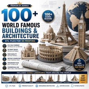 Op de afbeelding: Een digitaal pakket met 100+ STL-bestanden voor 3D-printen van wereldberoemde gebouwen en architectuur. De afbeelding toont miniatuurmodellen van de Eiffeltoren, het Colosseum, de Taj Mahal en de Big Ben, naast een wereldbol en blauwdrukken.
