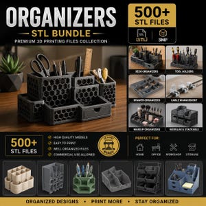 Pode incluir: Um anúncio digital para um pacote de mais de 500 arquivos STL para organizadores impressos em 3D. A imagem exibe um organizador de mesa modular preto com um padrão de colmeia, ao lado de vários exemplos de soluções de armazenamento impressas.