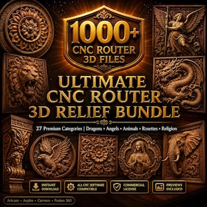 May include: A digital collection of 1000+ CNC router 3D files featuring a gold-toned shield logo and various wood-carved relief designs including a lion, dragon, angel, eagle, elephant, and floral rosettes with text labels for software compatibility.