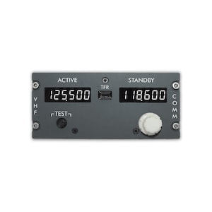 Op de afbeelding: Een donkergrijs VHF COMM luchtvaartradiopaneel met twee digitale displays die 125.500 en 118.600 weergeven. De unit bevat een TFR-knop, een TEST-knop, een witte draaiknop en labels voor ACTIVE, STANDBY, VHF en COMM.