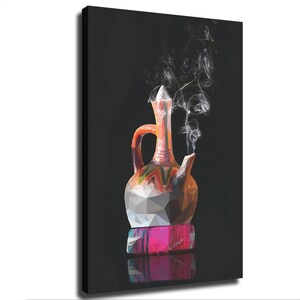 May include: A low-poly digital art print featuring a stylized coffee pot, known as a jebena, with a geometric, multi-colored surface. Wisps of white smoke rise from the spout against a solid black background, with a reflection visible at the base.