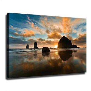 Cuadro decorativo de pared con lienzo de la puesta de sol en Cannon Beach, paisaje de Haystack Rock en la costa de Oregón.