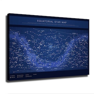 May include: A rectangular wall art canvas featuring a dark blue equatorial star map. The print displays white constellations, stars, and grid lines against a deep blue background. The text EQUATORIAL STAR MAP is printed in white at the top center.