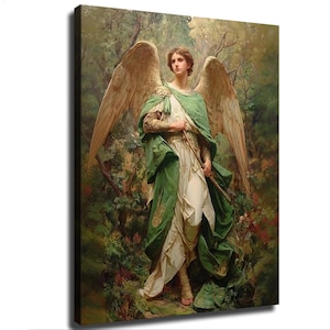 May include: A canvas print featuring a painting of an angel with large feathered wings, wearing a flowing white garment draped with a green cloak. The figure holds a thin staff whilst standing in a dense, lush forest with varied green foliage.