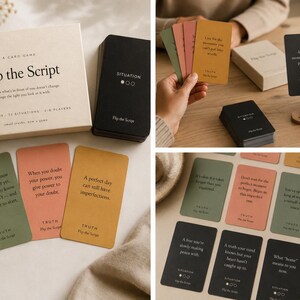 May include: A card game titled Flip the Script featuring a beige box, a black deck box, and multiple rectangular cards in sage green, terracotta, and mustard yellow. The cards display printed text, including the words Truth and Situation.