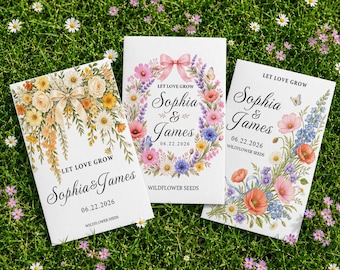Può includere: Tre bustine di semi rettangolari bianche con illustrazioni floreali e il testo Let Love Grow, Sophia & James, 06.22.2026. La bustina a sinistra presenta fiori gialli e un fiocco, quella centrale una ghirlanda floreale con un fiocco rosa e quella a destra.