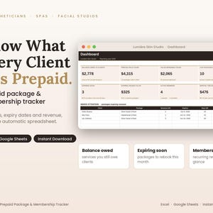 May include: A digital dashboard interface for estheticians and spas titled Lumière Skin Studio. The display features a prepaid package and membership tracker with data tables for client balances, expiring sessions, and recurring revenue, compatible with Excel and Google Sheets.