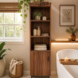 May include: A tall, narrow, dark wood bathroom storage cabinet with three open shelves and a lower cabinet door. The unit features a slatted top design and stands on four black legs. The shelves hold two pump bottles, folded towels, and a small plant.